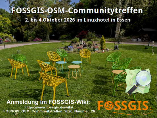 Bild zeigt die Wiese vorm Linuxhotel, im Hintergrund das Lummerland. Schriftzug: FOSSGIS-OSM-Communitytreffen, 2.-4.Oktober 2026 im Linux-Hotel in Essen, Anmeldung im FOSSGIS-Wiki + URL zur Wikiseite; FOSSGIS e.V. Logo, OpenStreetMap-Logo. #OSM #FOSSGIS #OpenStreetMap #OSGeo #OpenSource #Community
