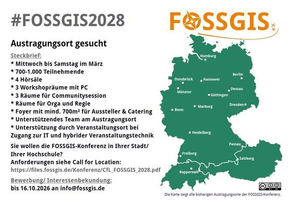 Bild zeigt Eckdaten für Austragungsortsuche mit folgendem Text: #FOSSGIS2028
Austragungsort gesucht
Steckbrief:
* Mittwoch bis Samstag im März
* 700-1.000 Teilnehmende
* 4 Hörsäle
* 3 Workshopräume mit PC
* 3 Räume für Communitysession
* Räume für Orga und Regie
* Foyer mit mind. 700m² für Aussteller & Catering
* Unterstützendes Team am Austragungsort
* Unterstützung durch Veranstaltungsort bei
Zugang zur IT und hybrider Veranstaltungstechnik
Sie wollen die FOSSGIS-Konferenz in Ihrer Stadt/ Ihrer Hochschule?
Anforderungen siehe Call for Location: https://files.fossgis.de/Konferenz/CfL_FOSSGIS_2028.pdf
Bewerbung/ Interessenbekundung:
bis 16.10.2026 an info@fossgis.de
Daneben eine Karte vom D-A-CH-Raum mit allen Konferenzstandorten und dem FOSSGIS e.V. Logo